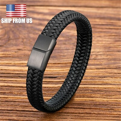 #ad NEW Bracelet Men#x27;s Braided Leather Bangle Stainless Steel Cuff Wristband Gift US $7.54