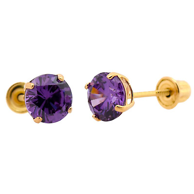 #ad 14K Gold Studs Earrings Casting February Birthstone CZ Screw back Studs $28.99