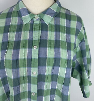 #ad EDDIE BAUER Gingham Plaid Button Up Shirt XXL Lightweight Cotton Gauze FLAW $14.99