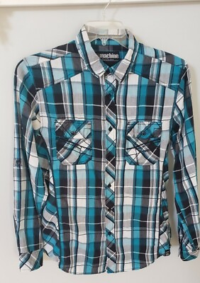 #ad Machine Mens L Blue Plaid Long Sleeve Shirt Size M $19.41