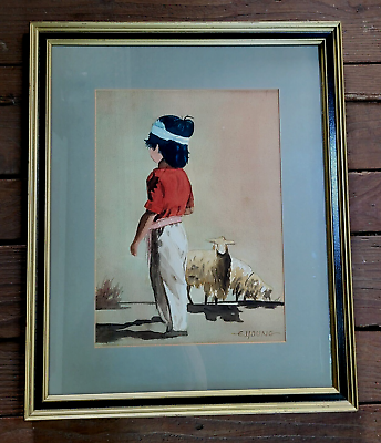 #ad Original Watercolor Painting Signed E. Young of Boy Child Shepherd amp; Sheep $54.95