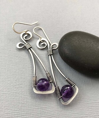 #ad Long Abstract Natural Purple Amethyst Dangle Silver Hook Earrings $13.94