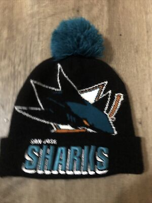 #ad Mitchell amp; Ness Beanie NHL San Jose Sharks Punch Out Black Pom Knit Hat $15.00