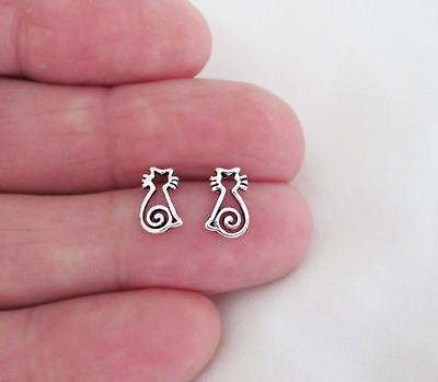 #ad Sterling Silver 10mm Cat outline post stud earrings. $12.04