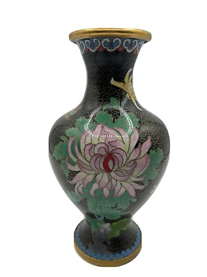 #ad Vintage Chinese Cloisonne 8quot; black Brass and Polished enamel with Floral design $23.00