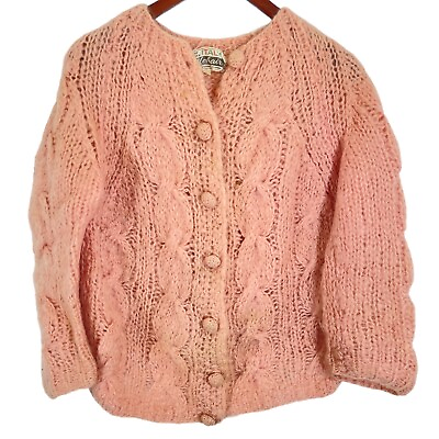 #ad Vintage 60’s Pink Mohair Women’s Cardigan Sweater Small Italy Grunge Cute Fuzzy $89.99