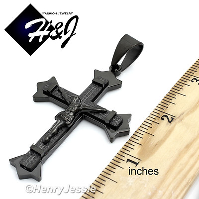 #ad MEN Stainless Steel Black Plated Matte Glitter Finished JESUS Cross Pendant*MJ28 $15.99