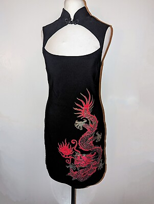 #ad Vintage 90s Miss Selfridge Oriental Mandarin Dress Black Stretch Chinese Dragon GBP 19.99