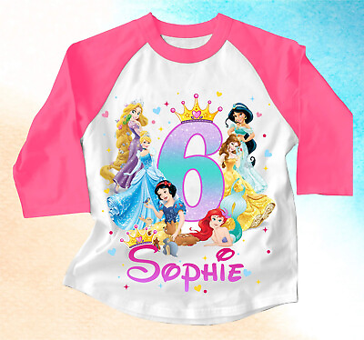 #ad Princess Disney Custom Birthday T shirt Raglan kids size 5 Pink sleeve $17.99