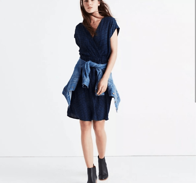 #ad Madewell Blue Wrap Front Mini Dress Brushstroke Diamond Blue Navy Size S Small $34.99