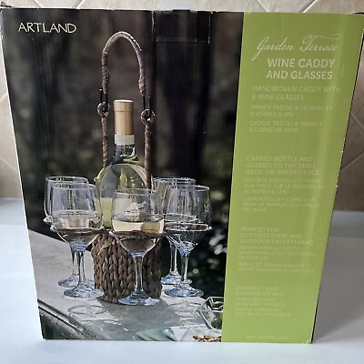 #ad New In Box Artland Garden Terrace 6 Wine Glass Hand Woven Hyacinth Carrier $69.99