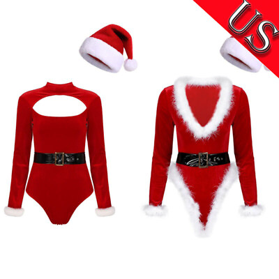 #ad US Women Christmas Lingerie Long Sleeve Sexy Santa Teddy BodysuitBeltHat Set $25.94