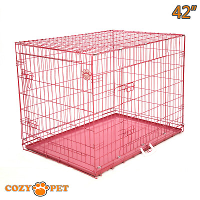 Dog Cage 42 inch Puppy Crate XL Cozy Pet Pink Dog Crates Folding Metal Cages GBP 59.99