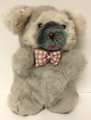 #ad Vintage Gray PUPPY DOG Rattle Plush Bowtie Pink Tongue 1970s 1980s Baby LC $24.97