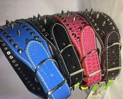 #ad 24quot;L Dog Collar Studded Spikes Rivet PU Leather 2.15quot; W Pitbull Mastiff L amp; XL $13.16