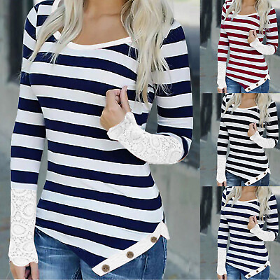 #ad Women Top Fall Lace Crew Neck Stripe Long Sleeves T Shirt Casual Pullover Spring $18.69