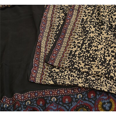 #ad Sanskriti Vintage Sarees Indian Black Pure Crepe Silk Printed Sari Craft Fabric $38.00