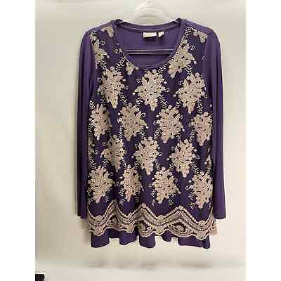 #ad Logo Lavish by Lori Goldstein Purple Lace Crochet Long Sleeve Blouse Tunic MED $25.00
