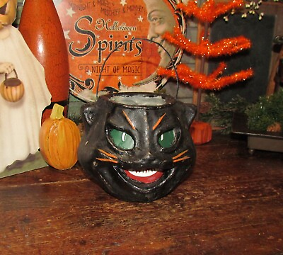 #ad Halloween Black Cat Bucket Prim Antique Vtg Paper Mache Style Jack O Lantern $42.90