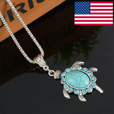 #ad Boho 925 Silver Sea Turtle Charms Vintage Turquoise Pendant Necklace $1.98