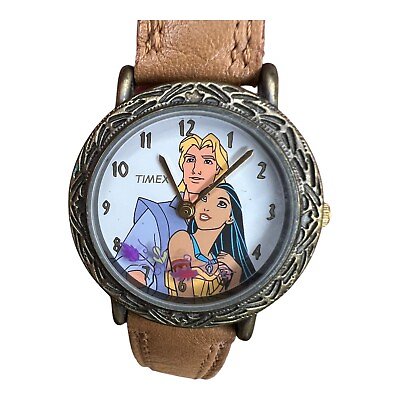 #ad Vintage Pocahontas Watch Disney Timex Leather Band Antiqued Gold Tone Dial Works $24.95