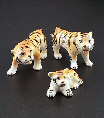 #ad Vintage Bone China Tigers Family Miniature Figurines Japan $14.95