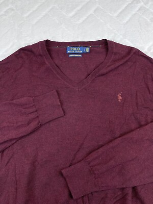#ad Polo Ralph Lauren Washable Merino Wool Men#x27;s L Maroon V Neck Pullover Sweater $29.99