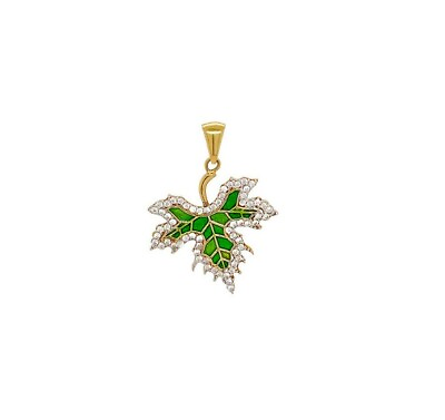 #ad 14k Gold CZ Green Maple Leaf Yellow Gold Charm $246.94