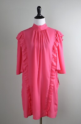 #ad HAPPY X NATURE NWT $128 Pink Ruffle Mock Neck Tunic Shirred Dress Size Small $24.99