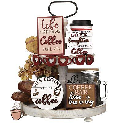 #ad 10 Pieces Coffee Tiered Tray Decor Rustic Wooden Coffee Bar Signs Wood Coffee Ba $17.15