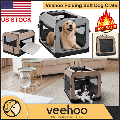 #ad Veehoo Collapsible Dog Crate With Soft Mat Portable Travel Pet Puppy Kennel Cage $69.99