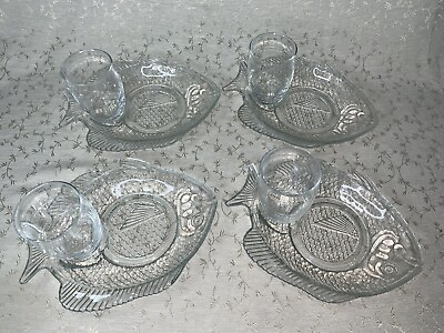 #ad Lot 4 Vintage Glass Shaped Fish Cocktail Plates W Cups 6”x8” Seafood Oyster $32.99