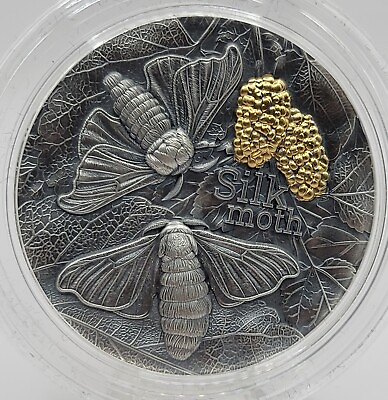 #ad Silk Moth Nature Architects 2 oz Antique finish Silver Coin w box amp; COA $350.00