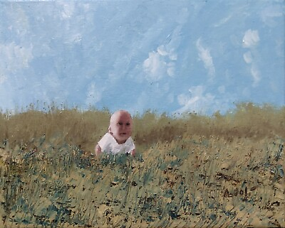 #ad Oil Painting Baby Child Kid in Grassy Meadow Figure Landscape Art by A. Joli $110.00