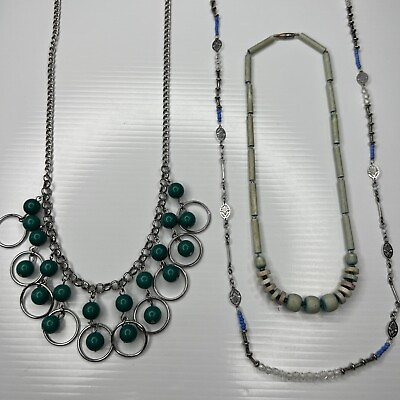 #ad H1 Lot Green Resin Blue Glass Beaded Boho Hippie 70s Chain Retro Necklaces 30” $6.00