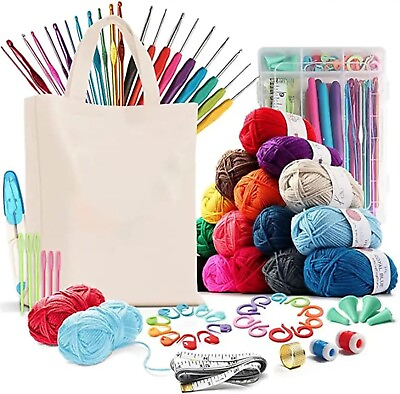 #ad 73 Piece Kit Crochet Hooks Knitting Needles Yarn Balls and Tote Bag Set $26.20