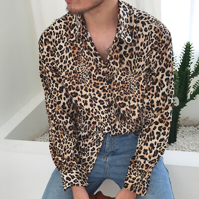 #ad Tops Men Long Sleeve Leopard Printed Shirt Beach Casual Hawaiian T Shirt Blouse $16.79