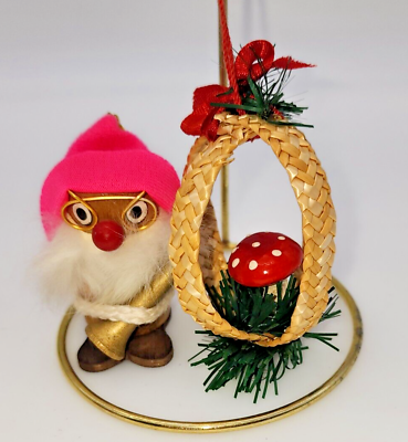 #ad VTG wooden elf gnome w horn amp; woven straw egg w red mushroom Christmas ornaments $12.00