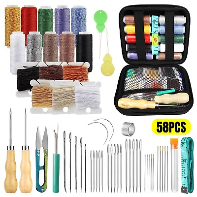 #ad 58Pcs Leather Waxed Thread Stitching Needles Awl Hand Sewing Tool Heavy Duty Kit $13.98