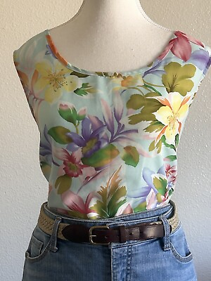#ad Jaclyn Smith Hawaiian Tropical Floral Print Blue Tank Blouse Sleeveless XL $12.00