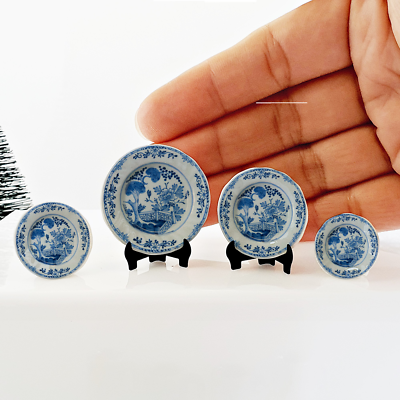 #ad Miniatures Ceramic Vintage Blue Delft Chinoiserie Plates Collectables Set 4 Pcs $19.99