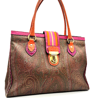#ad Etro Vintage Tote Bag Shoulder Hand Bag Paisley Brown Pink Orange From Japan $129.00