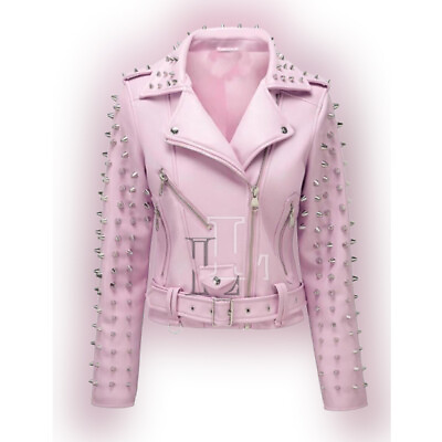#ad Handmade Women Pink Sleeve Studded Belted Style Genuine Leather Jacket $169.99