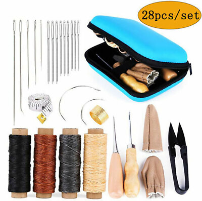 #ad 28Pcs For DIY Sewing Craft Leather Waxed Thread Stitching Needles Awl Hand Kits $16.45