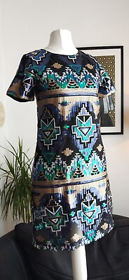 #ad 6 Black​ Blue Gold Green​ sequin Short Dress Aztec Pattern Short Sleeve GBP 14.00