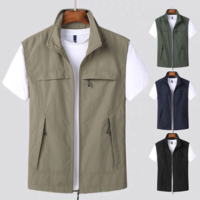 #ad Men Fishing Vest Quick drying Top Waistcoat Jacket Zipper Sleeveless Breathable、 $21.29