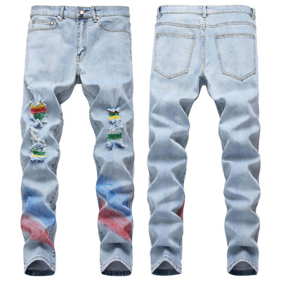 #ad Men New Fashion Skinny Jeans Floral Pants Ripped Jeans Slim Fit Pants Long Pants $41.79
