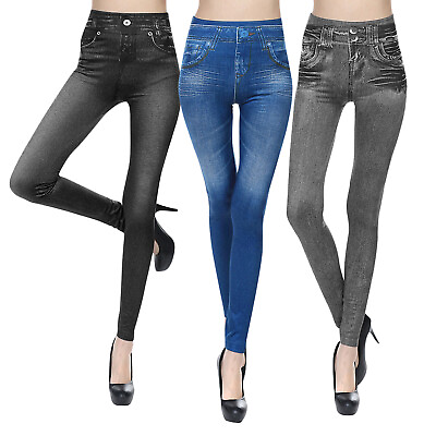 #ad Women Stretchy Faux Denim Jeans High Waist Skinny Pencil Pants Push Up Leggings $9.96