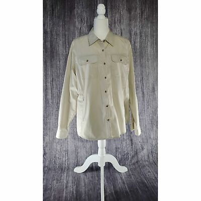 #ad Travelsmith Cotton Button Up Tunic Shirt Roll Tab Sleeve Ivory Hi Low Large L $14.11