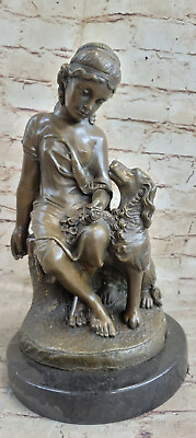 #ad 15`` Art Deco Sculpture Woman Girl With Dog Shepherd Bronze Statue Decor $199.50